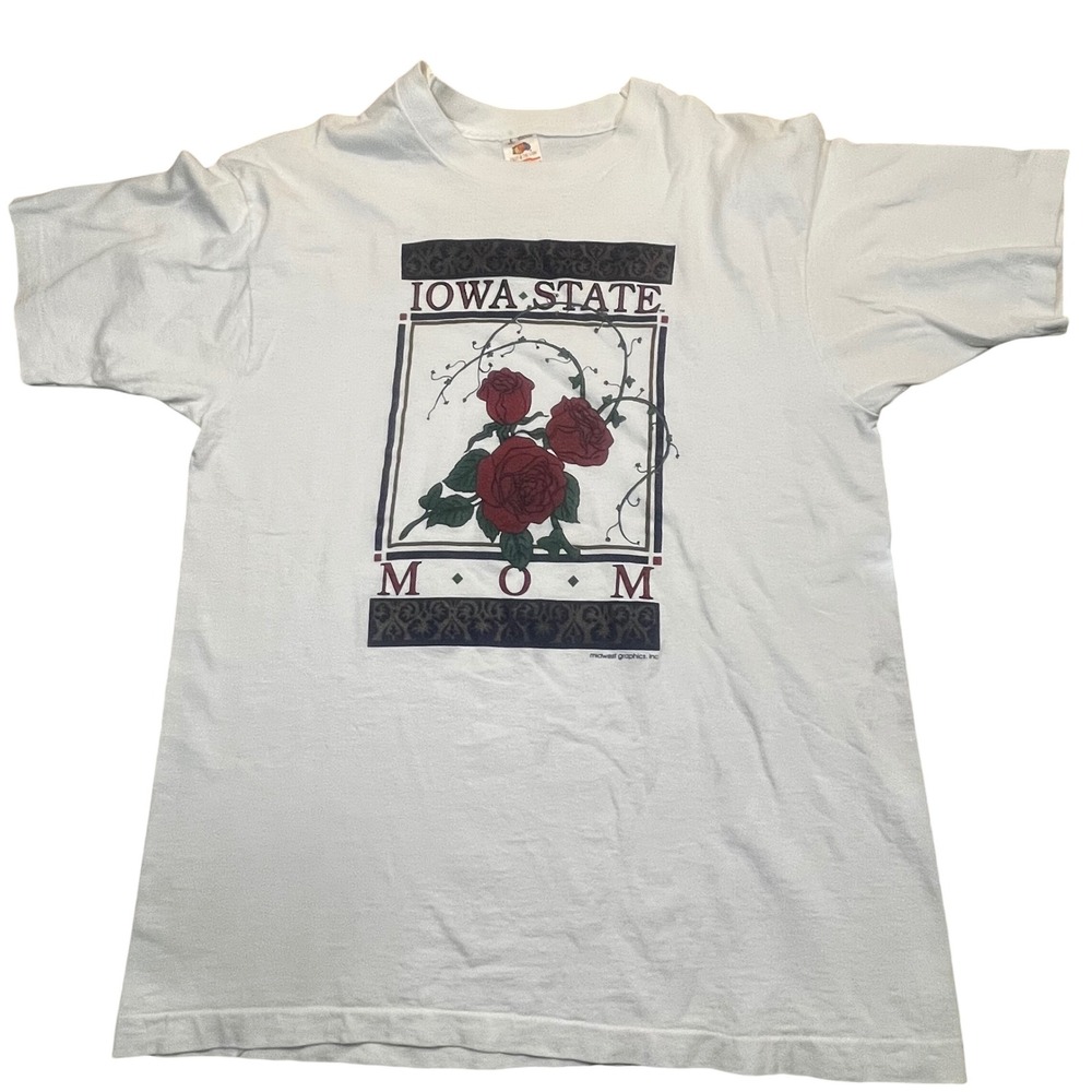 Vintage Iowa State Mom T Shirt Large White Rose Single Stitch 90s‎ Fruit of Loom